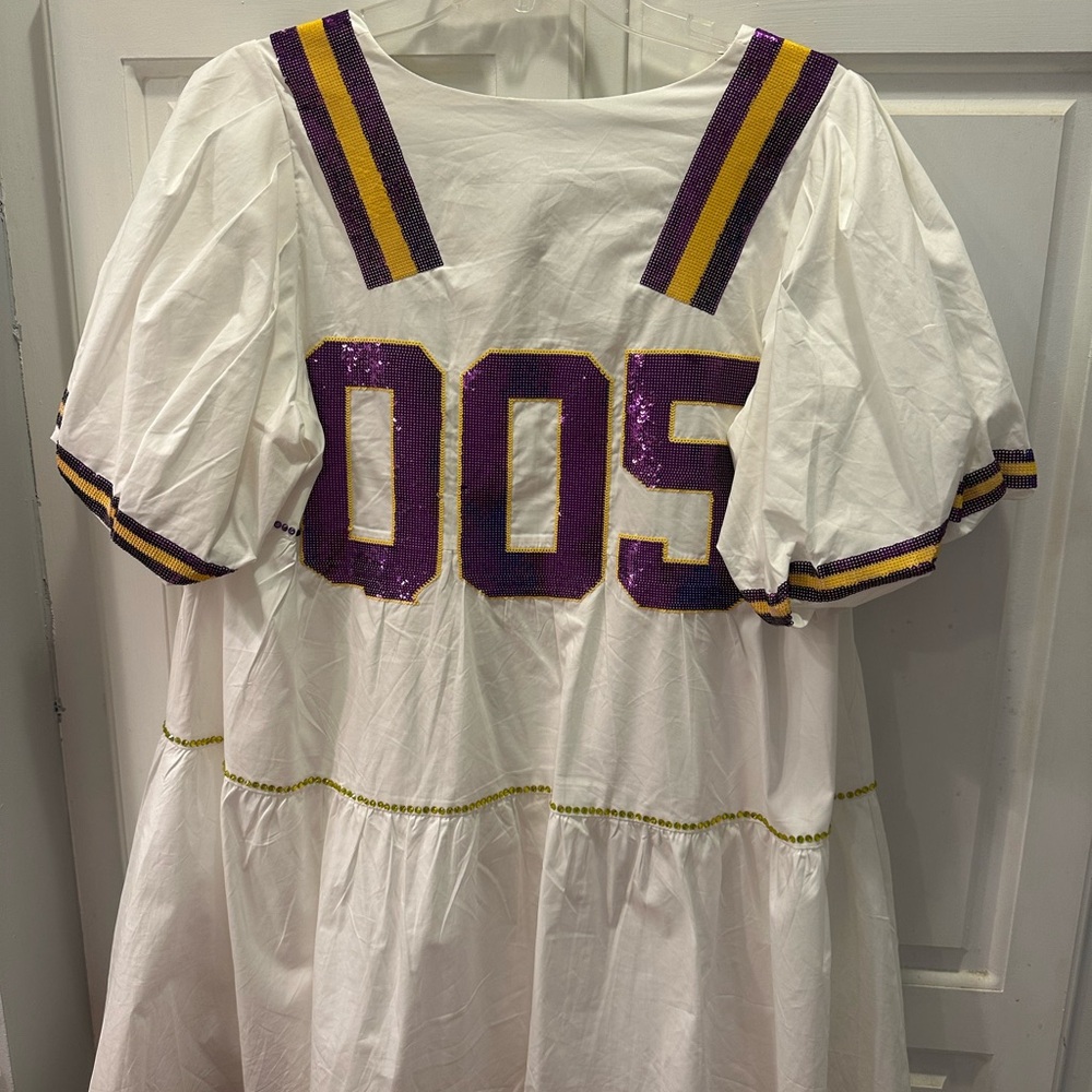 QUEEN OF SPARKLES Poof Sleeve Jersey Dress Purple and Gold